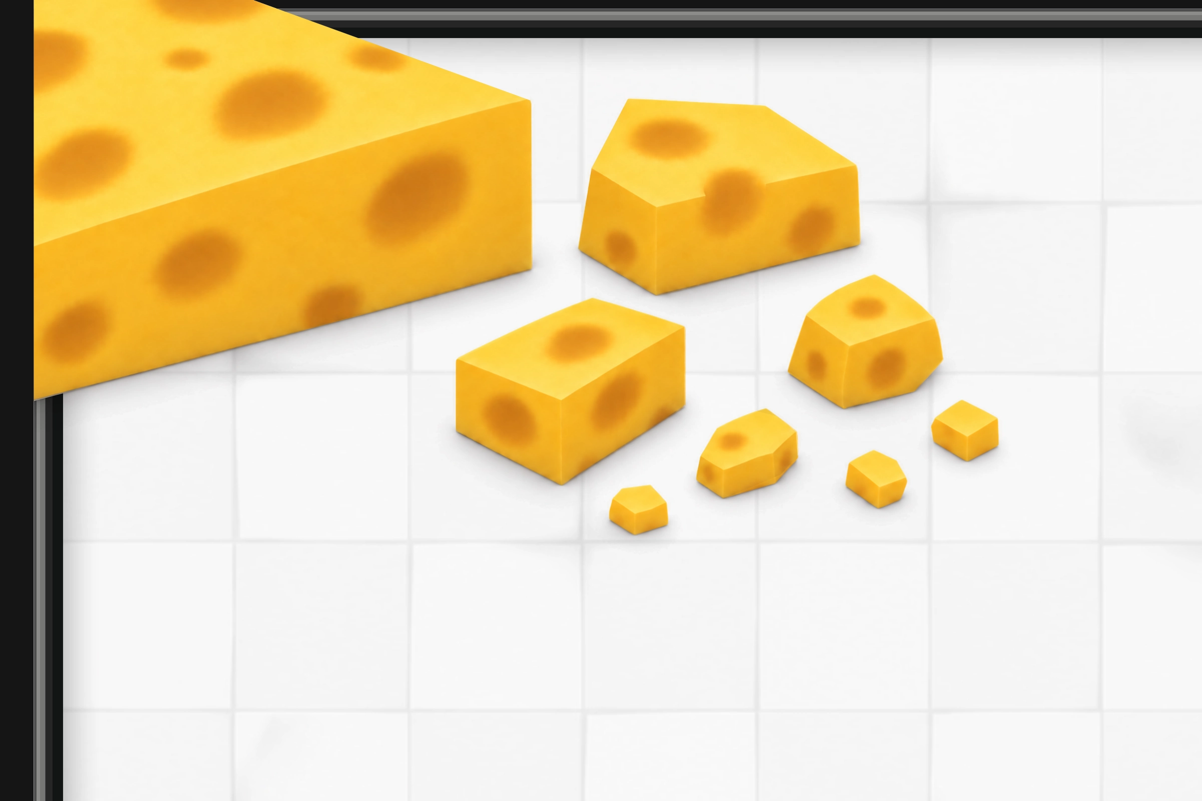 Detail of the yellow cheese and crumbs at the upper-left corner of RAT PAD.