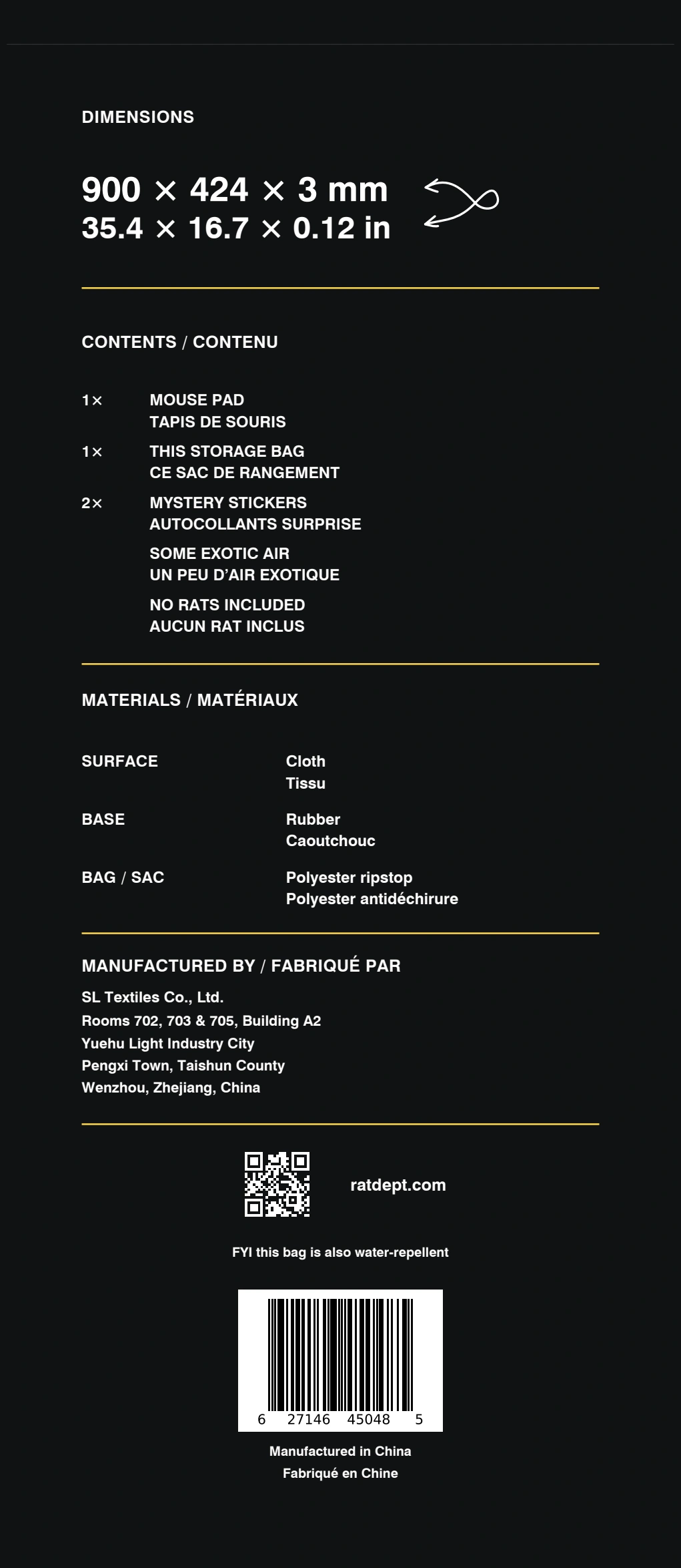 Back of the RAT PAD storage bag with dimensions, contents and material information.